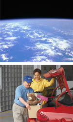 Photos of the Earth and an attendee accepting a box of donations