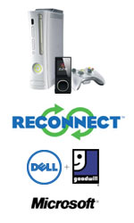 Xbox and Zune MP3 player above ReConnect, Dell, Goodwill and Microsoft logos