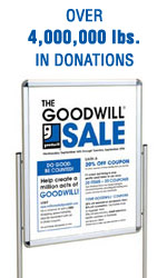 Goodwill Sale sign with text Over 4,000,000 lbs. in donations above it