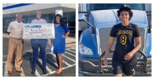 Three people standing holding a check. One man wearing caquis and a stripped nude and white shirt and two women one wearing a blue dress and the other wearing a grey hat and blue pants. Women wearing a Lakers number eight shirt wearing a black hat.