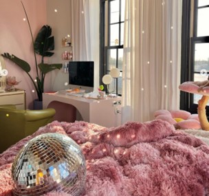 Bedroom picture with fluffy pink comforter and a white desk in the back and a plant