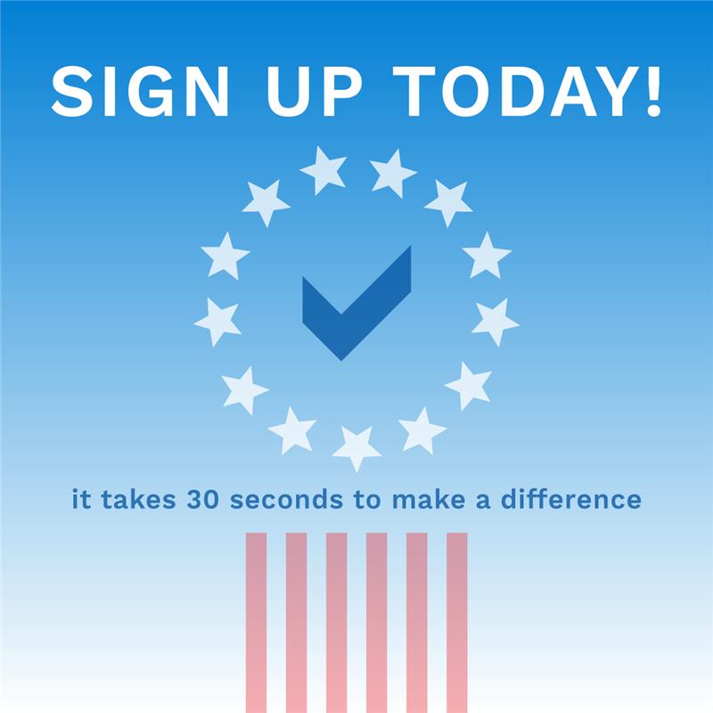Blue gradient banner with a central blue checkmark inside a circle of white stars and the SIGN UP TODAY! headline.