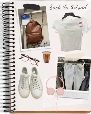 Back to schoold book collage showing a white t-shirt, white jeans pants, reading glasses, a brown backpack and a pink headphone.